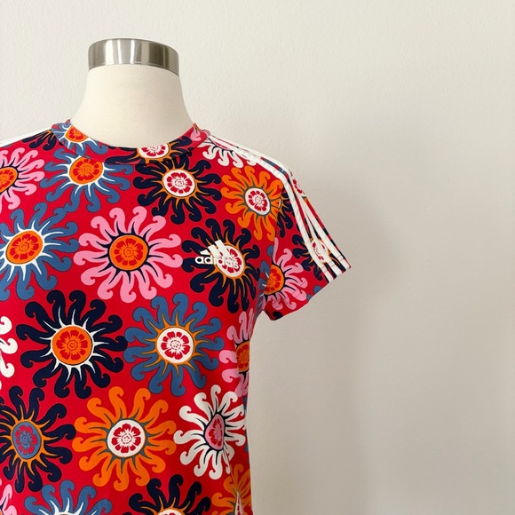 Adidas x FARM Rio NWT Slim Floral Shirt Dress Vivid Red Bliss Pink Small S - Picture 4 of 7